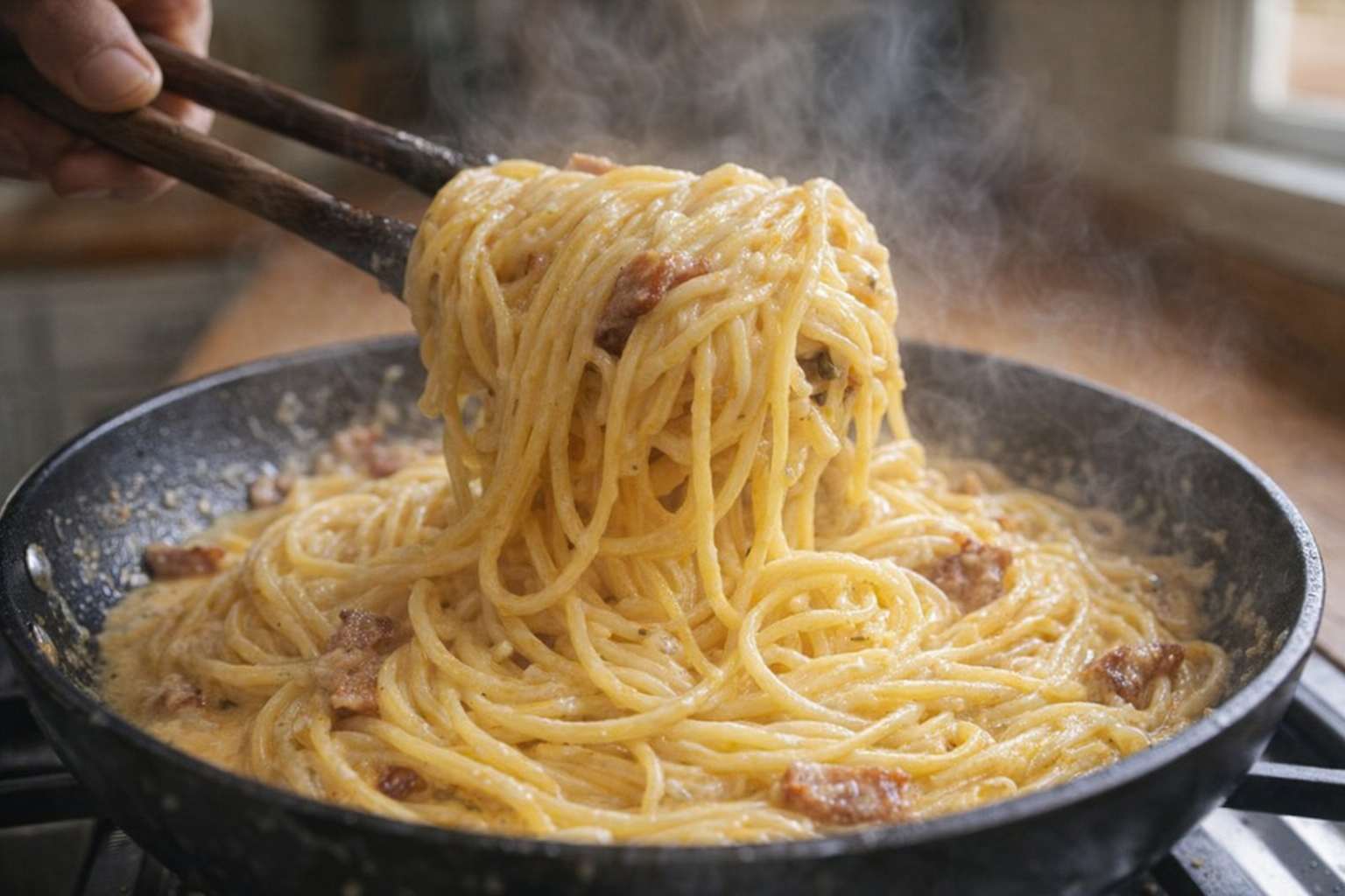 A medium shot of spaghetti being tossed in a skillet with rendered guanciale fat and egg yolk mixture, showing the creamy sauce forming and coating the pasta strands, with steam rising from the pan